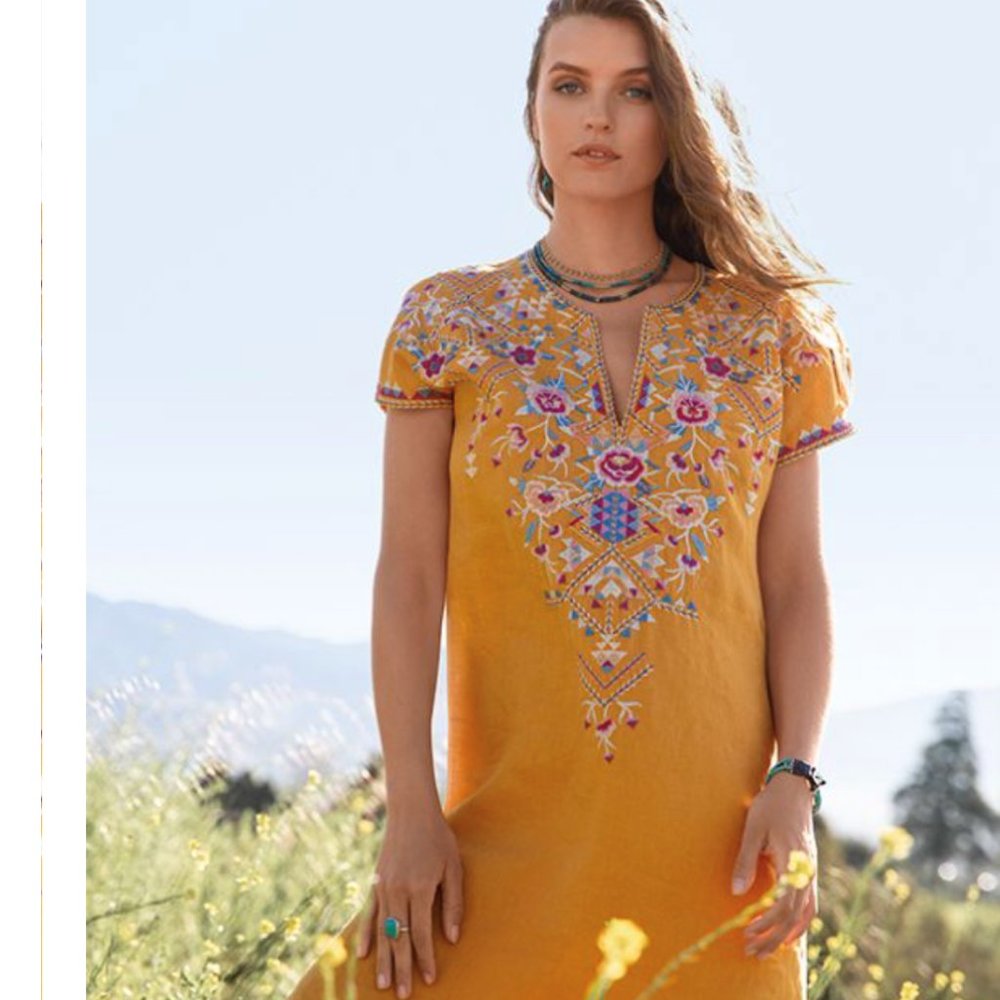 JOHNNY WAS NYRJAN MUSTARD LINEN EASY TUNIC DRESS